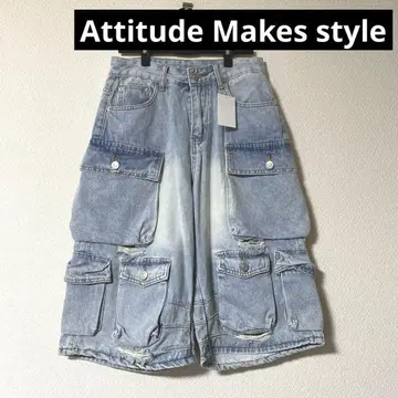 새상품 Attitude Makes style 멀티 카고 데님 하프 팬츠