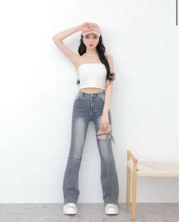 엠미에메 리본 블리치 플레어 데님 블루