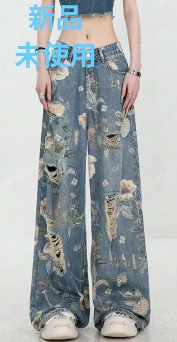 꽃무늬 데미지 와이드 레그 데님 팬츠