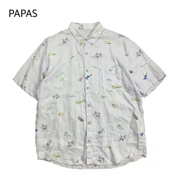 PAPAS ISLAND 린넨 셔츠 반팔 올 패턴 알로하 연보라 XL