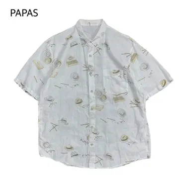 PAPAS 린넨 셔츠 올 패턴 반팔 시가 밀짚모자 안경 화이트 L