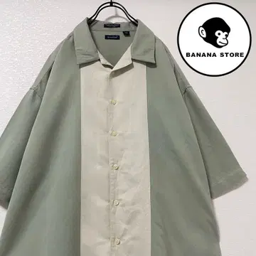 빅 사이즈 라인 셔츠 오픈 카라 더스티 그린 바이컬러 90s