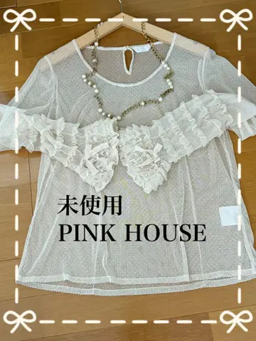 미사용 PINKHOUSE 도트 튤 레이스 피코 프리 블라우스 아이보리