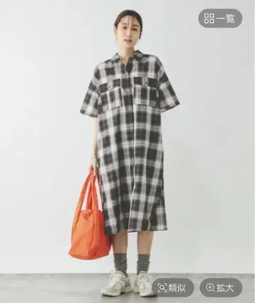 글로벌 워크 린넨 체크 무늬 셔츠 원피스 반팔 숏 사이즈