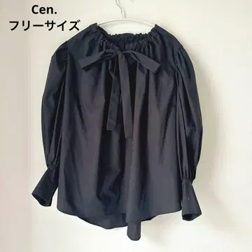 cen. 리본 블라우스 보타이 리본 볼륨 소매 블랙 리본 개더 블라우스