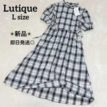 Lutique 롱 기장 원피스 체크 무늬 볼륨 소매 작은 하이넥 L