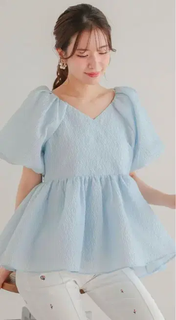 핏모어 자카드 카슈쿨 페플럼 탑 블루