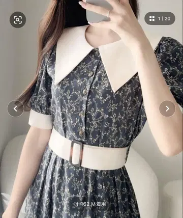 꽃무늬 네이비 반팔 롱 원피스 M mily bilet