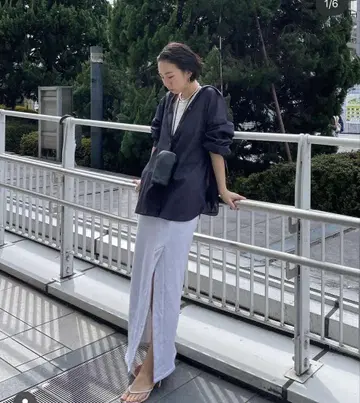 etre 샴브레이 론 오버 사이즈 셔츠 네이비