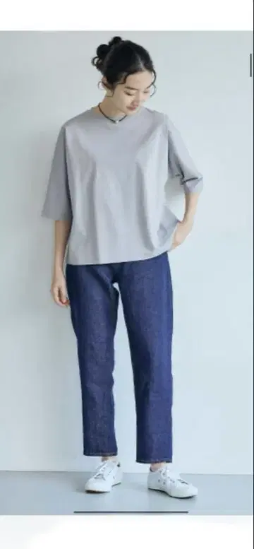 나카가와 마사시치 상점 강선 면 풀오버 7부 소매 옅은 그레이