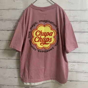 Chupa Chups 핑크 티셔츠, 자수, 백 프린트, 투톤 컬러