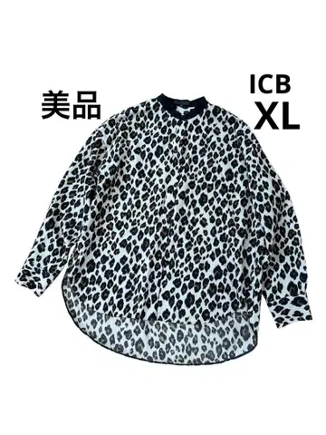 ICB 셔츠 블라우스 긴팔 밴드 카라 베이지 레오파드