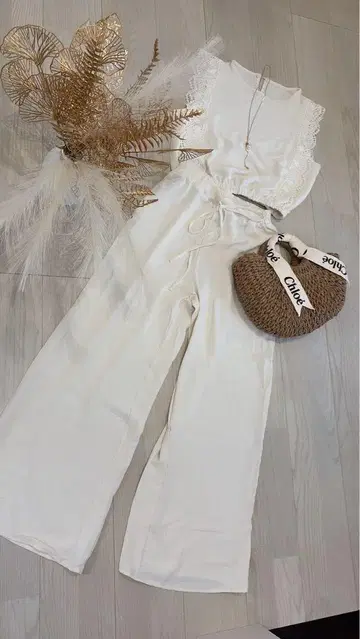 셋업 새상품급 와이드 팬츠 슬리브리스 레이스 아이보리 자라 지유