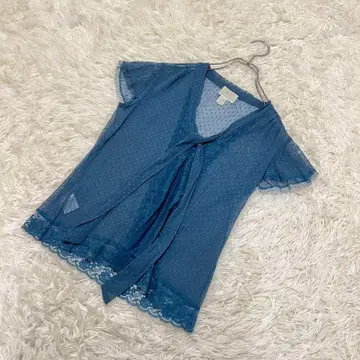 쿠미쿄쿠 전체 레이스 반팔 M 그린 시스루 블라우스 셔츠 예쁜