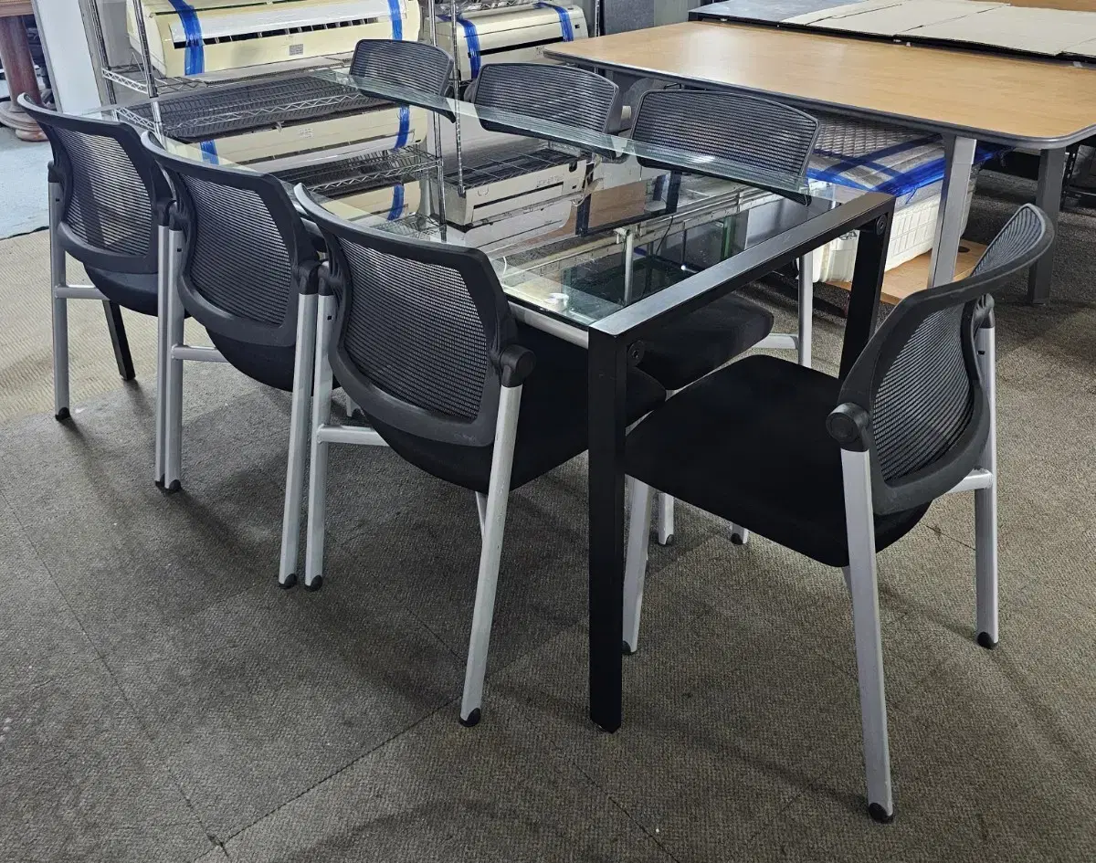 Glass Conference Table with 7 Tempered Glass Chairs Included