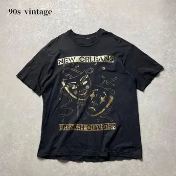 90s 빈티지 프린트 티셔츠 흑먹색 블랙 골드 싱글 스티치 구제 의류