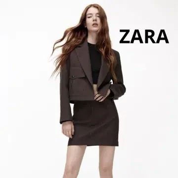 ZARA 테일러드 자켓 브라운 체크 무늬 숏 기장 포켓