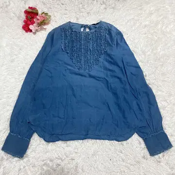 새상품급 45R 45rpm 남색 카디 프릴 블라우스 긴팔 인디고 코튼