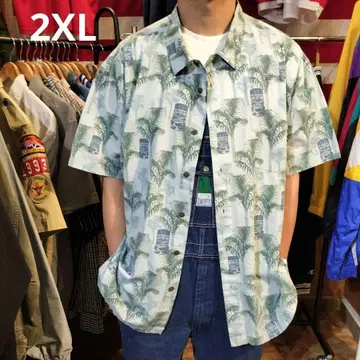 새상품급 2XL 하와이안 셔츠 코튼 팜 트리 USA 구제 의류