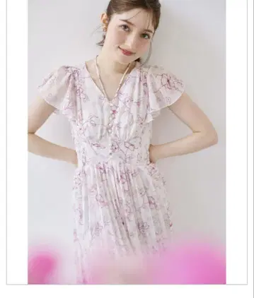 토코 클로젯 펄 장식 넥 리본 수채화 라인 플라워 플리츠 원피스