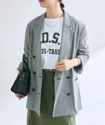 리브 드로워 린넨 혼방 더블 브레스트 자켓 블랙 검정 하운드투스 체크