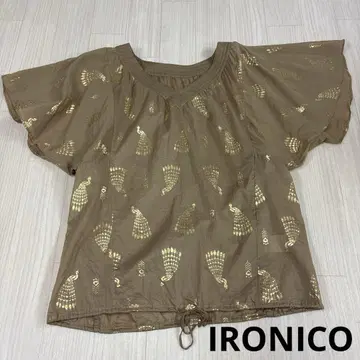 IRONICO 브라운 플레어 슬리브 상의 올 패턴 블라우스