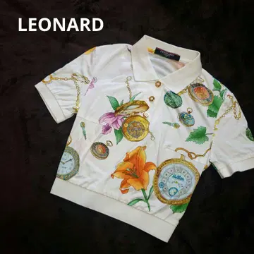 레오나르 LEONARD 피케 셔츠 반팔 화이트 꽃무늬 회중시계 패턴