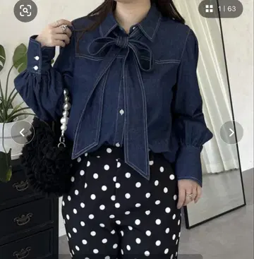 리본 포함 다크 데님 셔츠