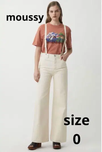 새상품급 moussy 서스펜더 와이드 플레어 데님 White size 0