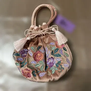 ANNA SUI 꽃무늬 자수 복조리 핸드백 핑크