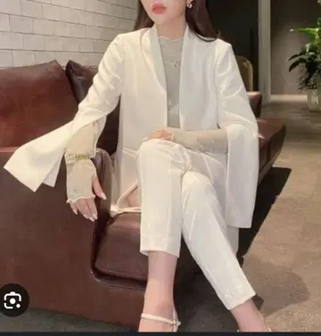 루미에 슬릿 슬리브 노카라 자켓 팬츠 세트