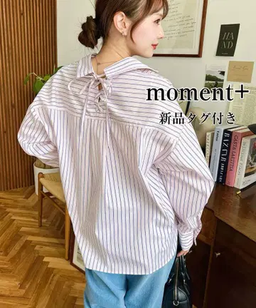 moment+ 택 포함 새상품 멀티 스트라이프 뒷면 레이스업 긴팔 셔츠
