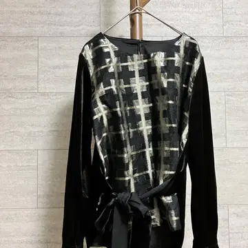 ARTISAN 벨로아 블라우스 격자 무늬 리본 포함 일본제 긴팔 블랙