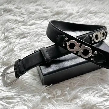 고품질 페라가모 더블 간치니 천연 가죽 벨트 실버 블랙 85