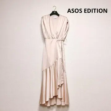 아소스 비대칭 랩 미디 드레스 새틴 핑크