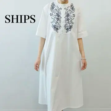 SHIPS 자수 화이트 셔츠 원피스 세탁기 사용 가능 배색 자수 원피스