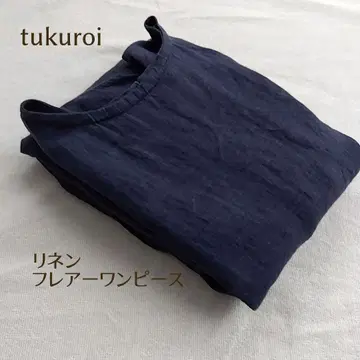 선밸리 tukuroi 린넨 100% 네이비 반팔 플레어 원피스