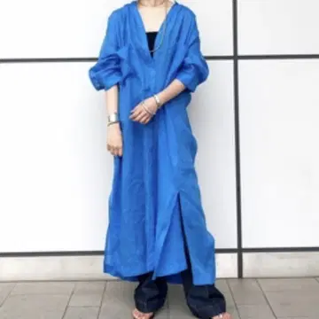 리암 플라주 린넨 100% 개더 맥시 원피스 드레스 블루