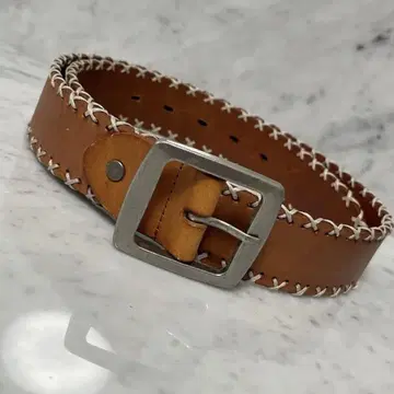 90s Italy leather 벨트 천연 가죽 스티치 브라운