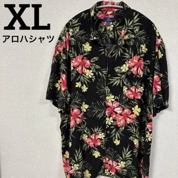 빅 사이즈 XL 알로하 셔츠 하와이안 하이비스커스 카리유시 블랙 꽃