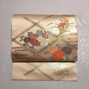 나고야 오비 순수 실크 꽃무늬 금실 자수 베이지 미사용