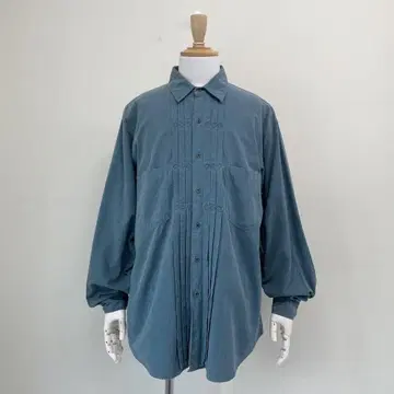 90s 자수 플리츠 긴팔 셔츠 코튼 구제 의류 빈티지 스카이블루