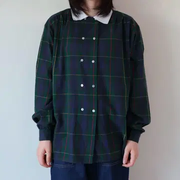 구제 의류 Lady Manhattan 타탄 체크 클레릭 셔츠 블라우스