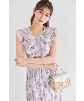 프릴 장식 펄 장식 허리 셔링 플라워 프린트 플리츠 원피스