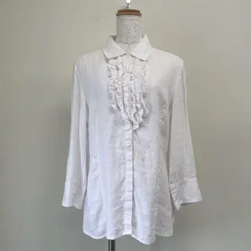 구제 의류 TRACY M. 린넨 프릴 셔츠 블라우스 흰색 화이트