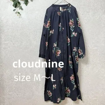 cloudnine 꽃무늬 긴팔 셔츠 롱 원피스 노카라 네이비 컬러
