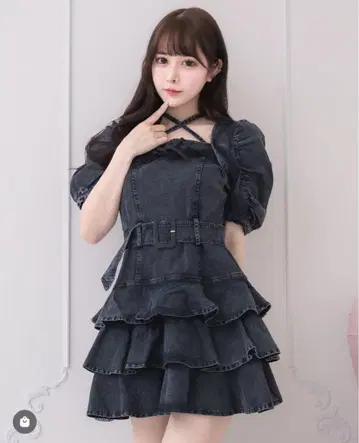 pium 티어드 프릴 미니 원피스 블랙 데님