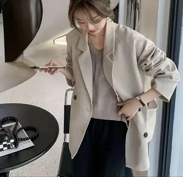 더블 브레스트 미들 기장 숄더 패드 자켓