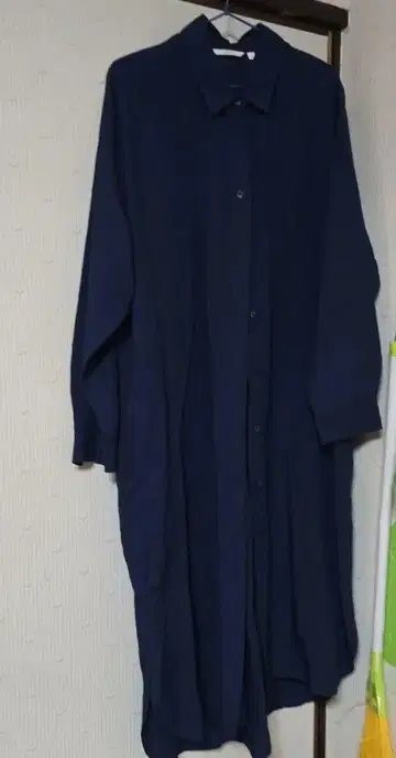 미사용 네이비 셔츠 원피스 긴팔 롱 린넨 블렌드 유니클로