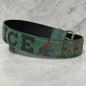 90s 벨트 구제 의류 그린 그린 스웨이드 자수 로고 천연 가죽 ICE